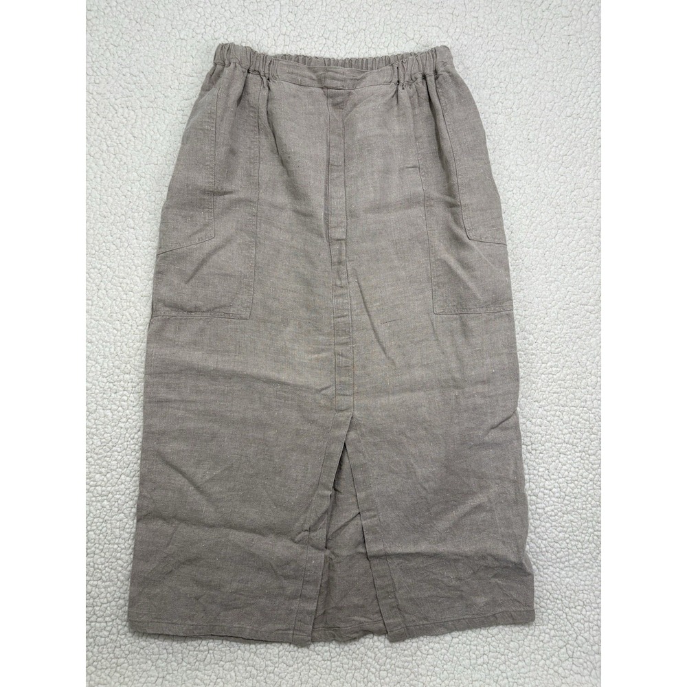 FLAX by ANGELHEART 100% Linen Beige Pull-On Midi Skirt Slit Pockets Oatmeal